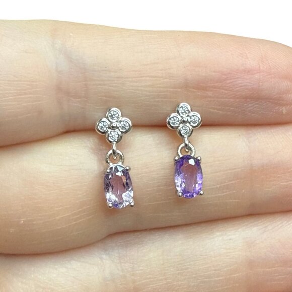 Purple clover dangle dainty amethyst earrings CZ Sterling Silver jewelry NEW - Picture 1 of 8